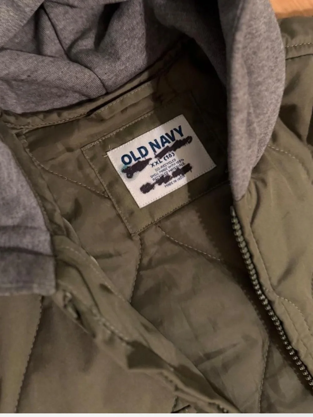 Old Navy Boys Olive Green Quilted Field Jacket with Gray Hood